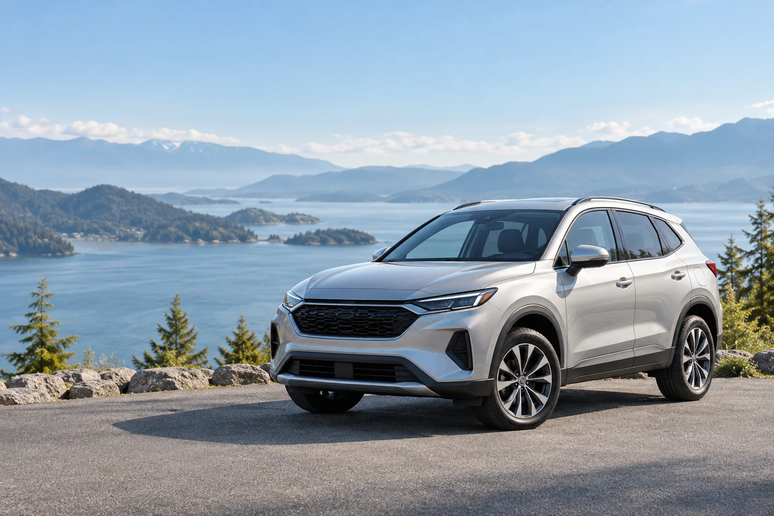 Illustrative travel image: silver SUV beside a coastal inlet and mountains